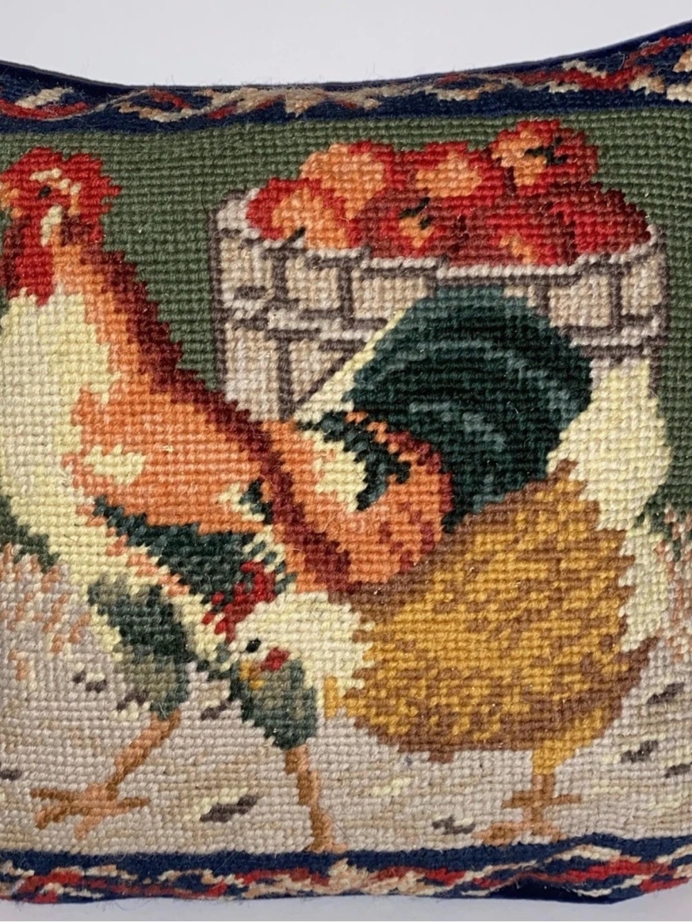 Vintage Needlepoint Pillow Rooster Hen Apples Accent Pillow 9" × 9"